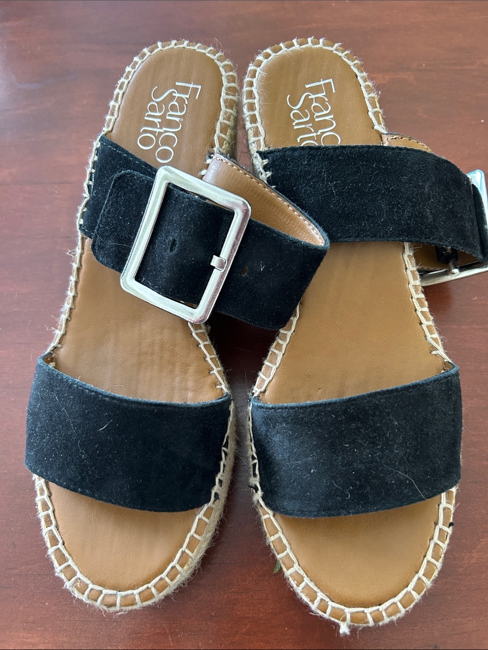Franco Sarto Black Suede Espadrille Slide Sandals with Buckle